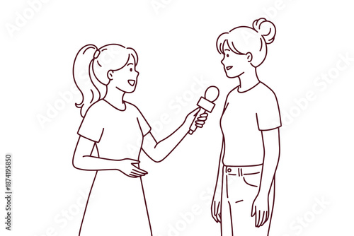 Line art of a reporter conducting an interview with another woman using a handheld microphone. Media professional recording news or stories in a professional setting
