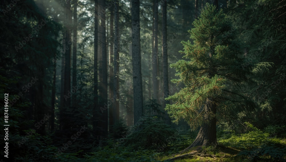 Fototapeta premium Moody imagery of a green conifer forest focusing on trees and ecological environment