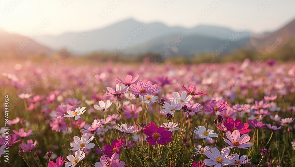 Obraz premium Colorful cosmos flowers arranged in a landscaped area, serving as an ornamental feature for tourists during peak bloom