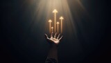 Persons hand extended toward rising arrows amidst subdued lighting, indicating progress and upward movement