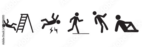 Accident pictogram and safety hazard  icons. Set of black safety pictograms showing common accidents, injuries, and hazards for workplace, public safety, warning signs, and prevention concepts.

