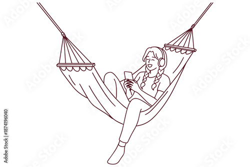 Black and white contour of a joyful girl with braids sitting in a hammock using her phone. Relaxing summer leisure activity listening to music or a podcast outdoors.