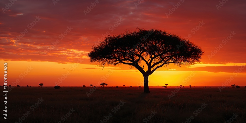 Obraz premium Evening light casting shadows on acacia trees in the savannah, landscape preservation