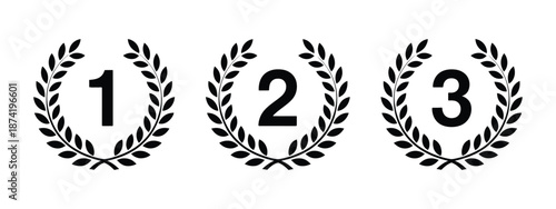 Black Laurel Wreath Icons set showing 1st, 2nd, and 3rd place numbers, elegant vector design for awards, medals, and competition recognition.