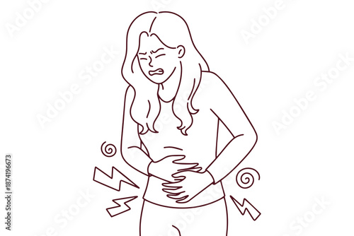 Woman in distress holding her belly due to sudden sharp pain. Healthcare concept illustration for endometriosis, menstrual cramps, or digestive issues