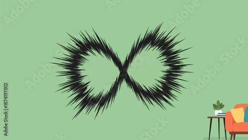 A black, spiky infinity symbol illustration on a green wall above a cozy living room corner scene