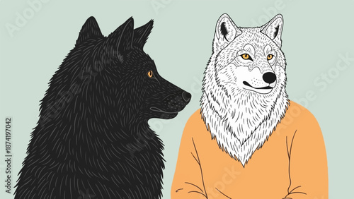 A black wolf faces an anthropomorphic white wolf wearing an orange sweater in this modern illustration
