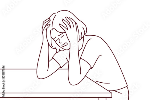 Distressed woman sitting at a table and holding her head due to a strong migraine. Line art for mental health awareness, stress, or neurological symptoms