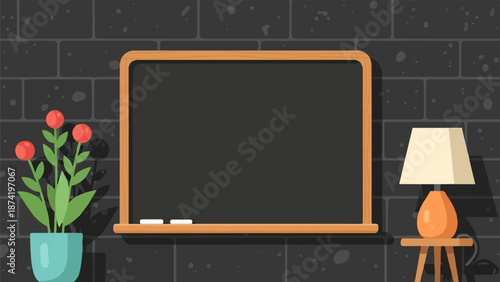 A blank chalkboard on a brick wall, flanked by a potted plant with red flowers and a small table lamp
