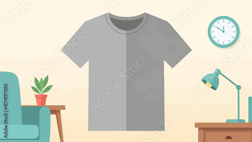 A blank grey t-shirt mockup in a cozy room illustration with a chair, plant, lamp, and clock