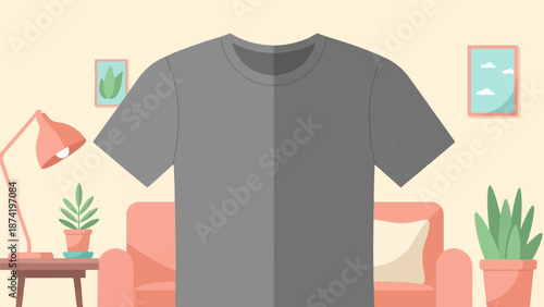 A blank gray t-shirt mockup centered in a cozy, illustrated living room with plants and a sofa