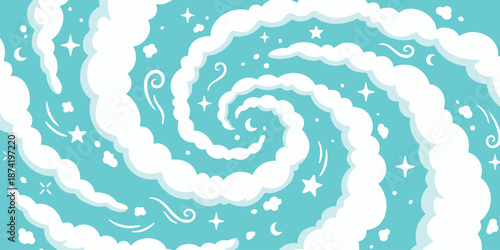 Whirling clouds and stars in a dreamy blue sky viewed from below