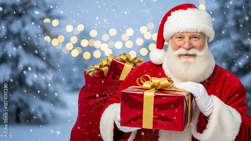 Santa claus holding gifts in snowy forest