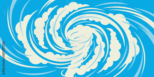 A swirling vortex of white clouds against a bright blue sky, illustrating a dramatic and intense weather phenomenon from a directly overhead viewpoint.