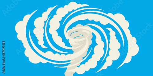 Aerial view of a swirling storm cloud formation against a clear blue sky