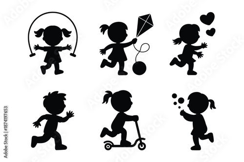 Silhouettes of children playing jumping rope kite and bubbles