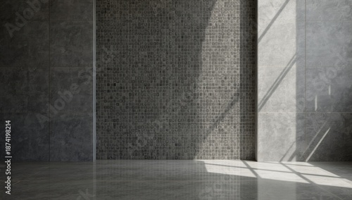 Text and layout backdrop utilizing a gray tiled wall surface to enhance visual organization and readability