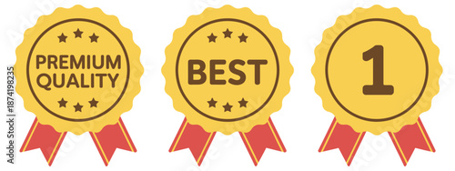 Vector Award Ribbon Badges set featuring first place, best choice, and premium quality designs, ideal for labels, promotional materials, branding, and awards.
