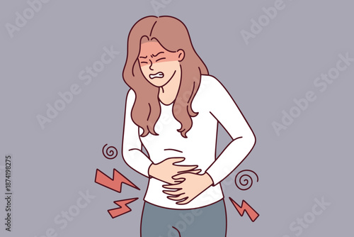 Young woman in distress holding her belly due to sudden sharp cramps. Medical concept illustration for endometriosis or digestive issues with graphic arrows indicating pain area.