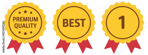 Vector Award Ribbon Badges set featuring first place, best choice, and premium quality designs, ideal for labels, promotional materials, branding, and awards.