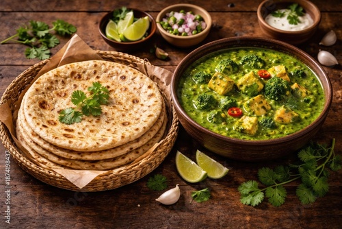 Wooden table setup featuring protein packed roti and rich green curry