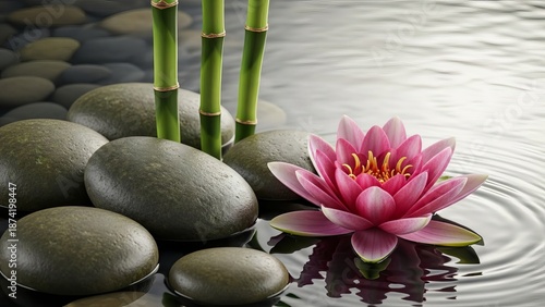 Serene lotus flower in water with stones and bamboo