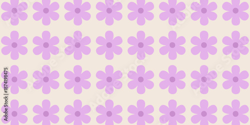 Repeating pattern of purple flowers on a light background viewed from directly above