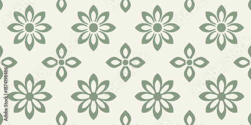 A serene floral pattern featuring green flowers on a light background, viewed from directly above, showcasing a repeating design of stylized blooms and leaves.