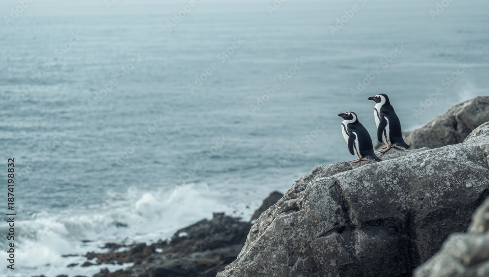 Fototapeta premium Humboldt penguins gathered on coastal rocks by the Pacific Ocean, highlighting wildlife conservation