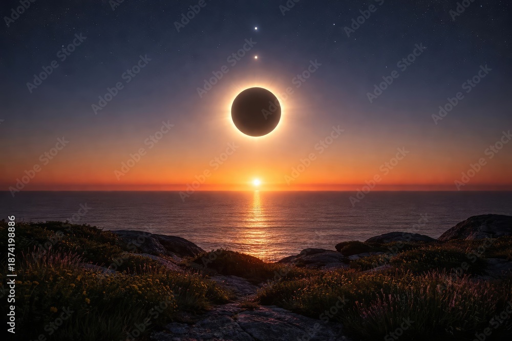 Fototapeta premium Solar eclipse with clear horizon and celestial alignment