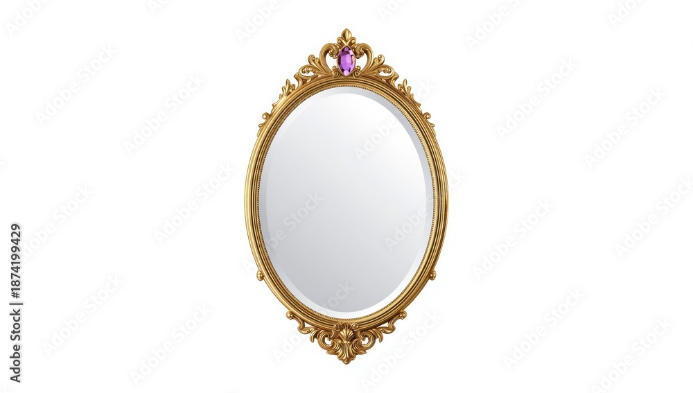 Fototapeta premium Illustration of a whimsical cartoon mirror featuring an ornate oval gold frame and purple diamond accents, Halloween holiday