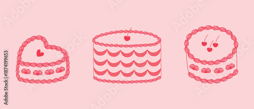 A set of hand-drawn vintage cake images. Cute, flirty vector illustrations of cakes for weddings, birthdays, Valentine's Day, and anniversaries.