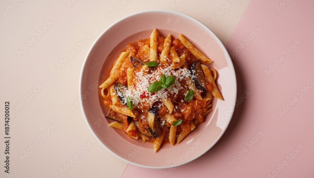 Naklejka premium Pasta alla Norma with basil and grated ricotta salata, highlighting plant-based flavors, on a pink and beige table setting