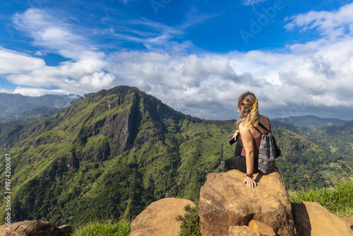 Hiker Standing on Little Ella Rock with Ella Rock in the Background, Sri Lanka