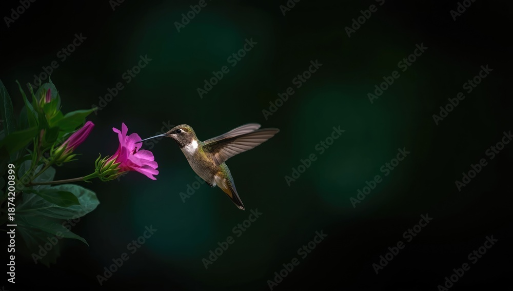 Fototapeta premium Hummingbird hovering near blossoms with lush green backdrop, illustrating natural feeding behavior