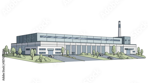 Industrial building with parking lot and surrounding trees, illustration
