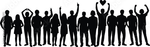 Group of people silhouette, black vector illustration, expressive gesture design, unity and celebration theme, symbolic pose concept, social movement artwork, community expression