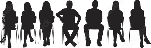 Group of people silhouettes sitting on chairs, waiting room concept vector illustration, business meeting or interview scene, teamwork black silhouette design