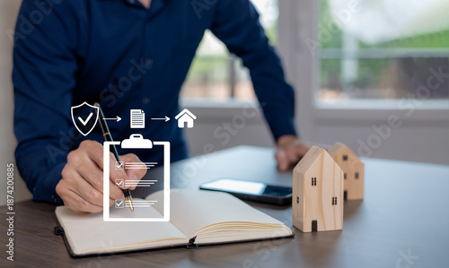 Property verification and real estate approval concept with checklist, document review, and home model. Mortgage evaluation, insurance validation, risk assessment, and compliance process for property 