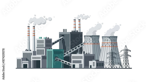 Industrial Power Plant with Cooling Towers and Transmission Lines, representing Energy Production and Heavy Industry