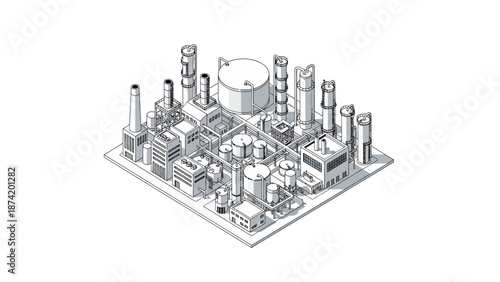 Industrial Complex with Various Buildings and Tanks, Representing Manufacturing and Production Processes