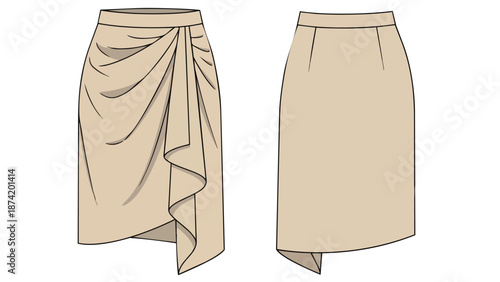 Fashionable Draped Skirt Design Illustration Showing Front and Back Views Minimalist Apparel Sketch with Elegant Silhouette