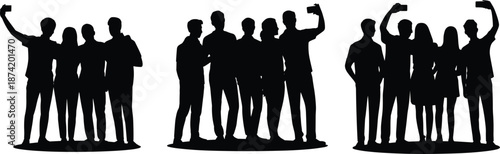 Group selfie silhouette, people taking photos, smartphone users, social behavior, vector illustration for technology, lifestyle, friendship, and modern culture content