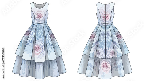 Elegant Sleeveless Midi Dress Featuring a Soft Watercolor Rose Pattern and a Flared Layered Skirt Design