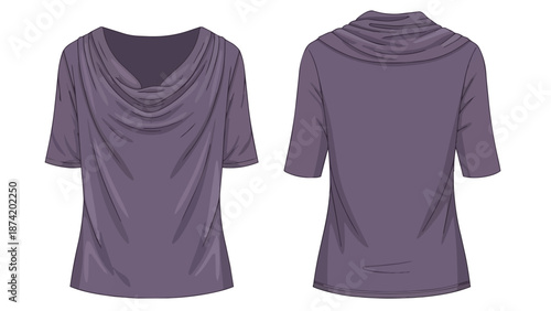 Elegant draped cowl neck blouse presented from front and back perspectives in a soft lavender hue