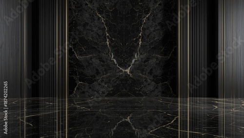 Natural marble and granite stone surfaces, including travertine and black Emperador, used in sophisticated architecture, Earth Day