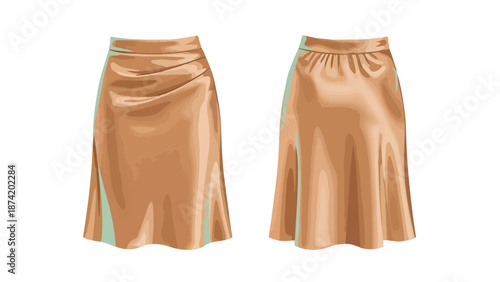 Elegant Satin Midi Skirts Featuring Drape and Elastic Waist Details on a White Background