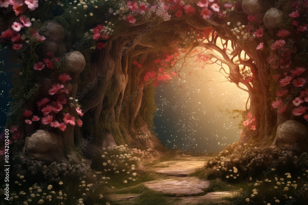 Fototapeta premium Stone pathway winding through a fairytale forest with blooming flowers and shining particles