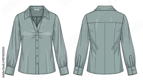 Detailed Fashion Illustration of a Classic Button-Up Blouse in a Soft Sage Hue Presented Front and Back Views