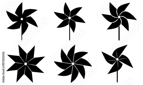 Six Black Windmill Pinwheels on White Background with Transparency